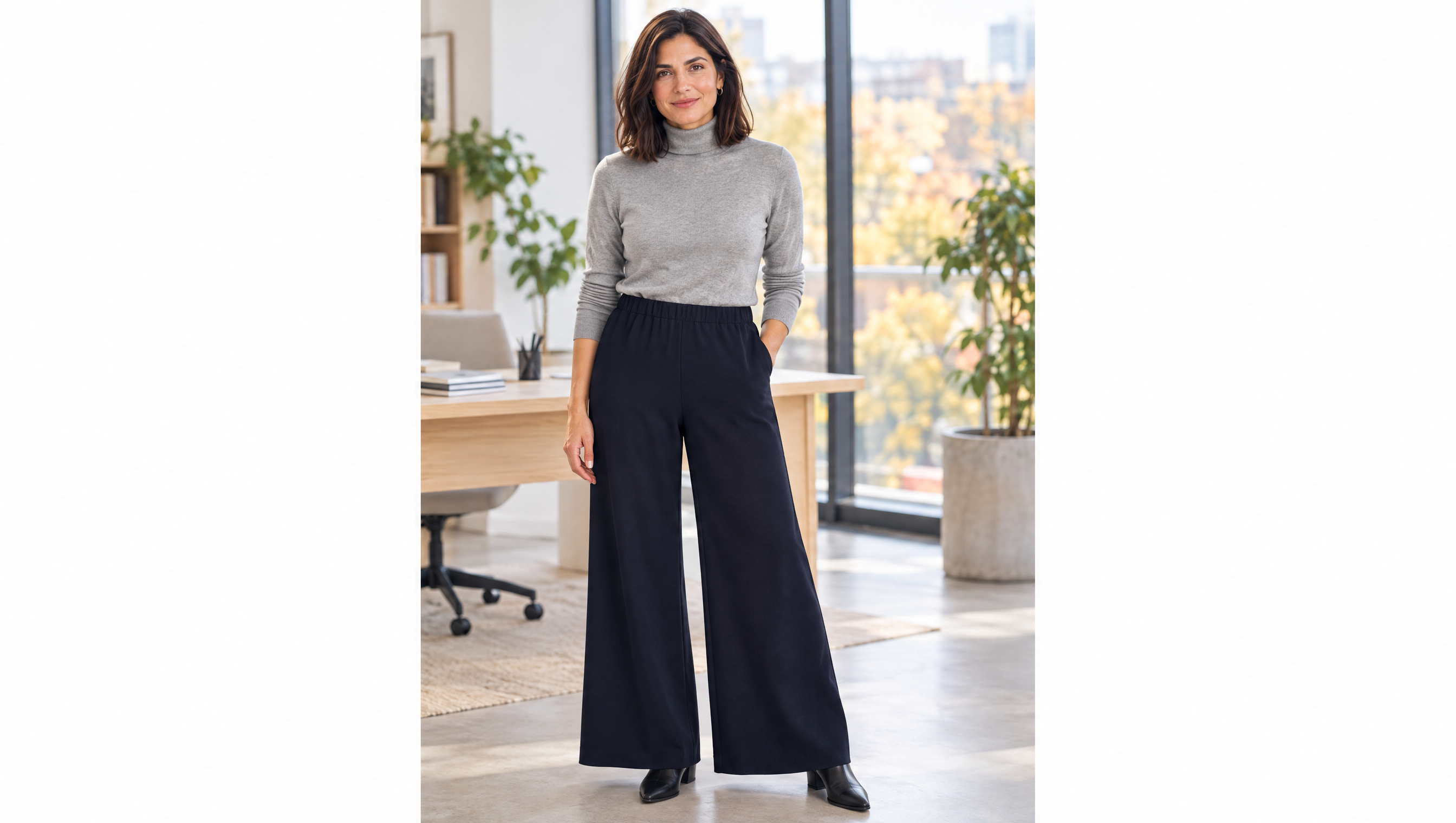 Donna sui 45 anni con pantaloni palazzo neri Dorabella e dolcevita grigio in un ufficio luminoso d'autunno