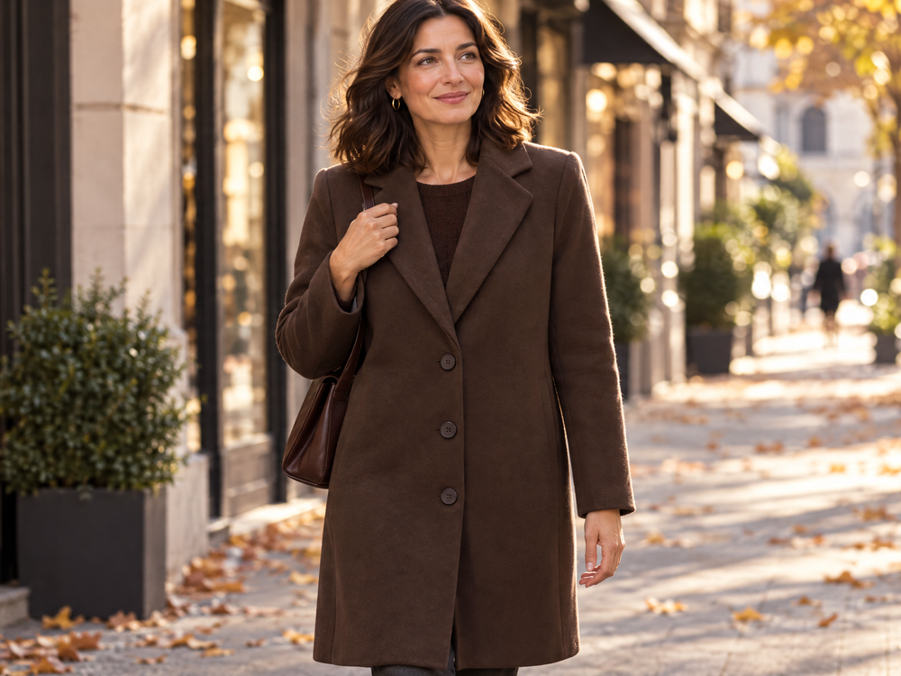 Donna sui 45 anni con cappotto midi Dorabella in una strada di città d'autunno: piumino leggero o cappotto