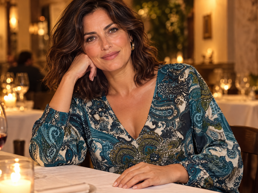 Donna sui 45 anni con blusa fantasia scollo a V Dorabella a una cena al ristorante, look per una cena fuori