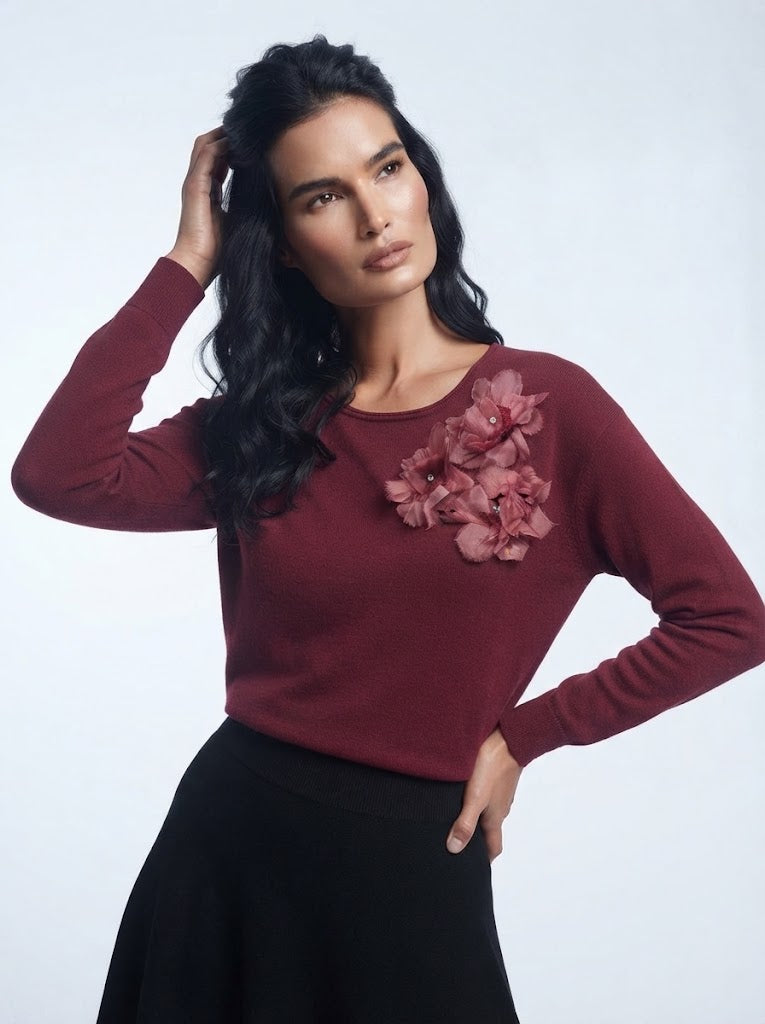Maglia girocollo con applicazione fiori