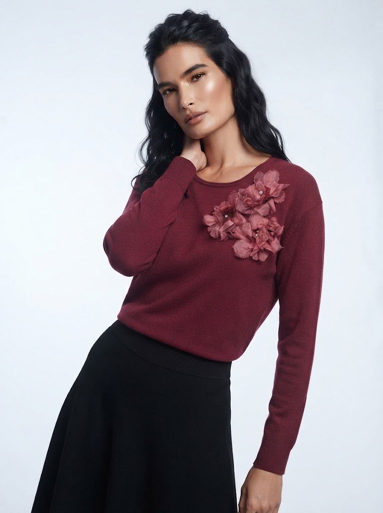 Maglia girocollo con applicazione fiori
