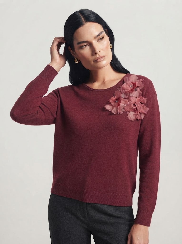 Maglia girocollo con applicazione fiori