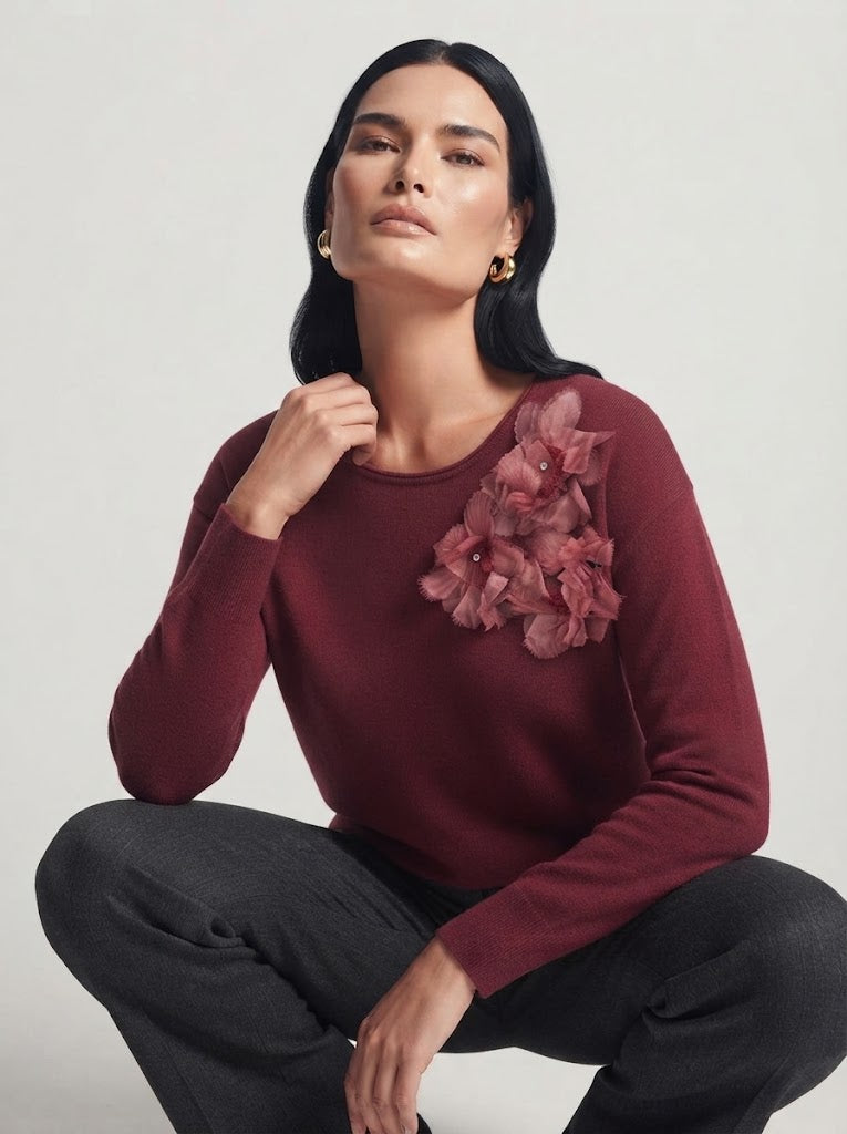 Maglia girocollo con applicazione fiori