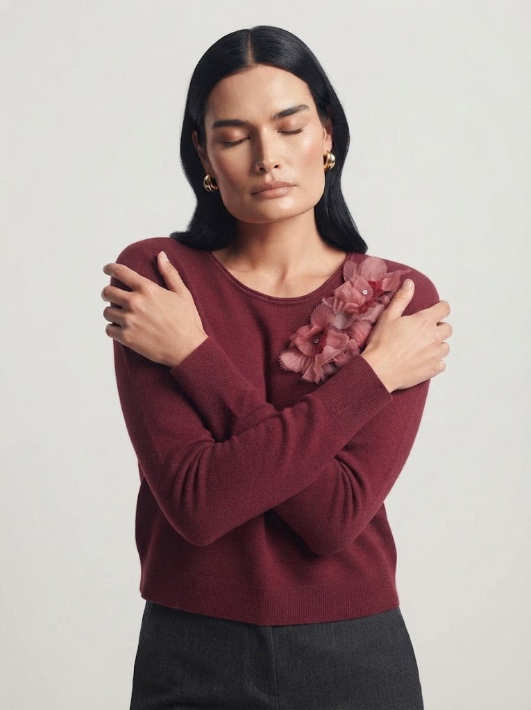 Maglia girocollo con applicazione fiori