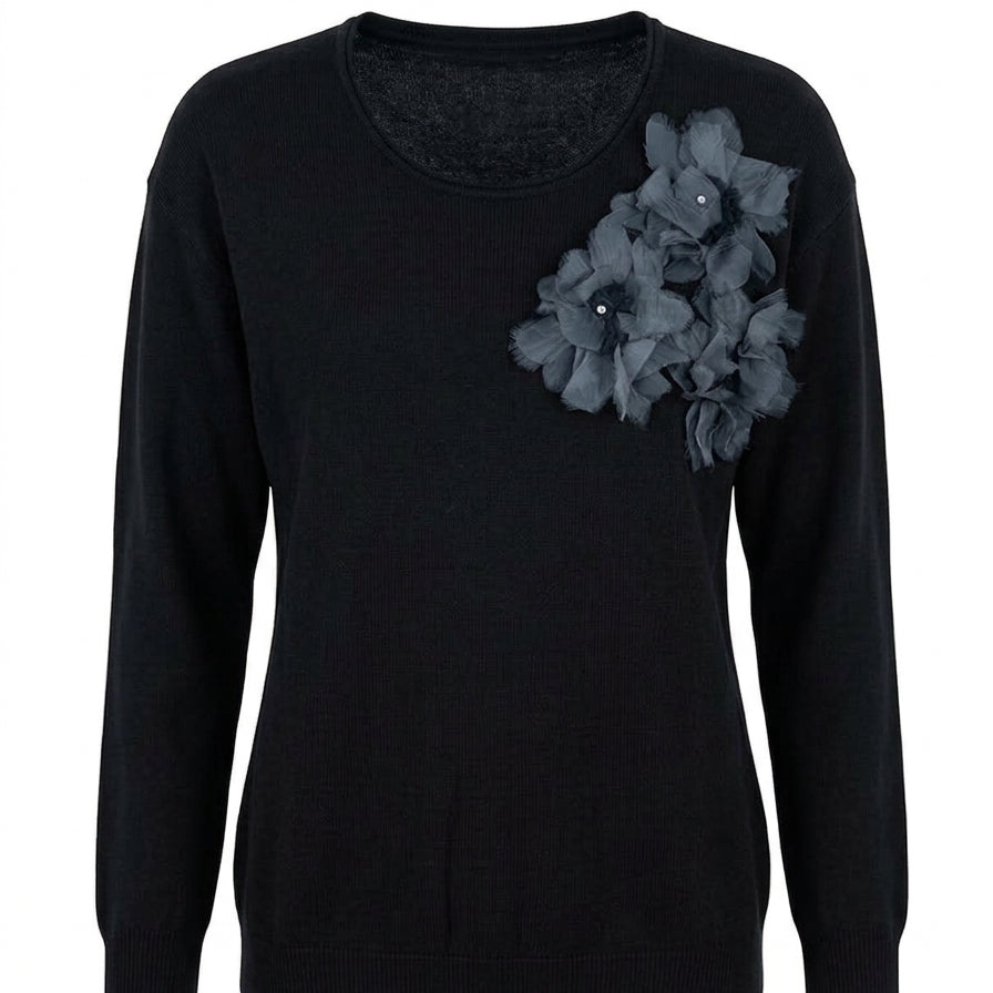 Maglia girocollo con applicazione fiori