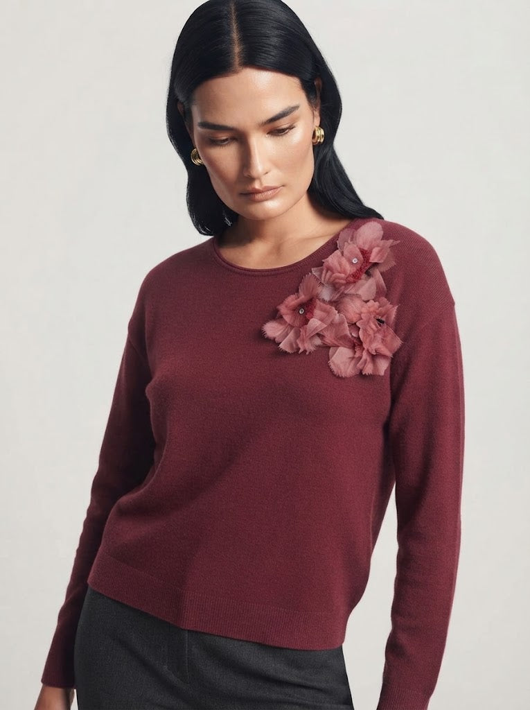 Maglia girocollo con applicazione fiori