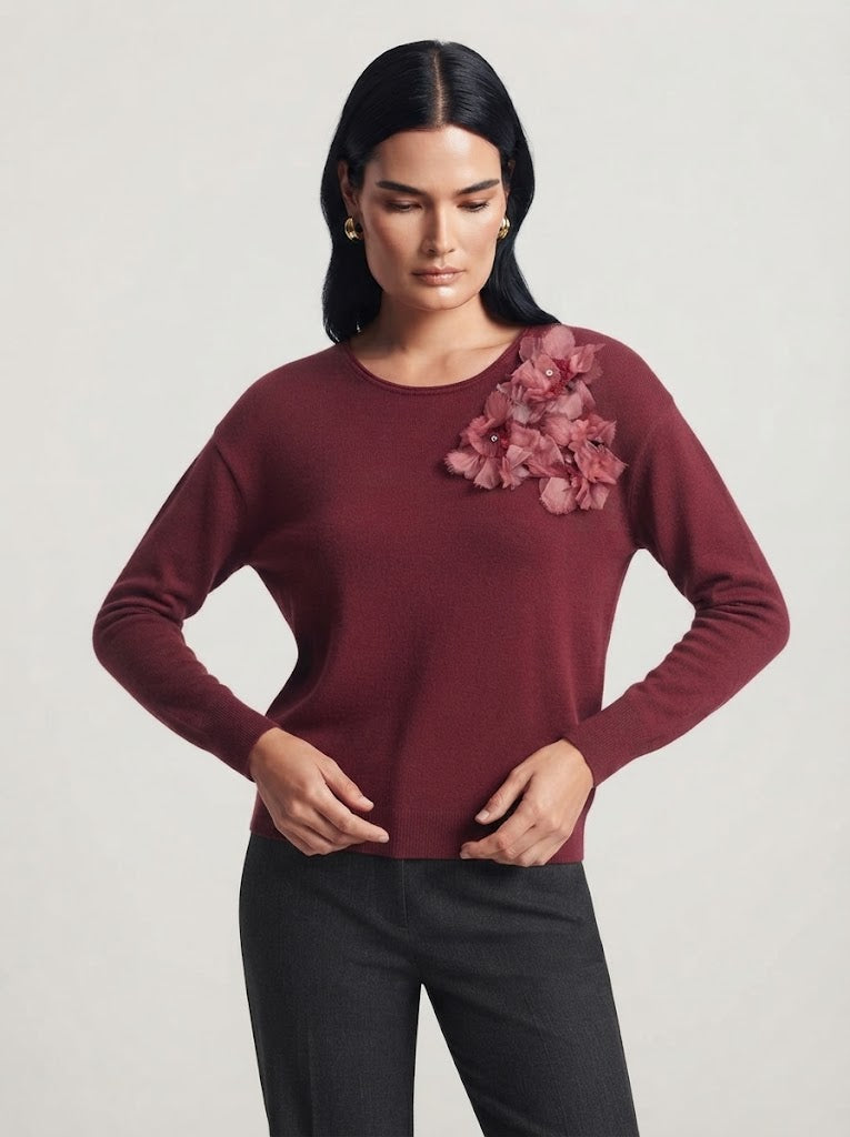 Maglia girocollo con applicazione fiori