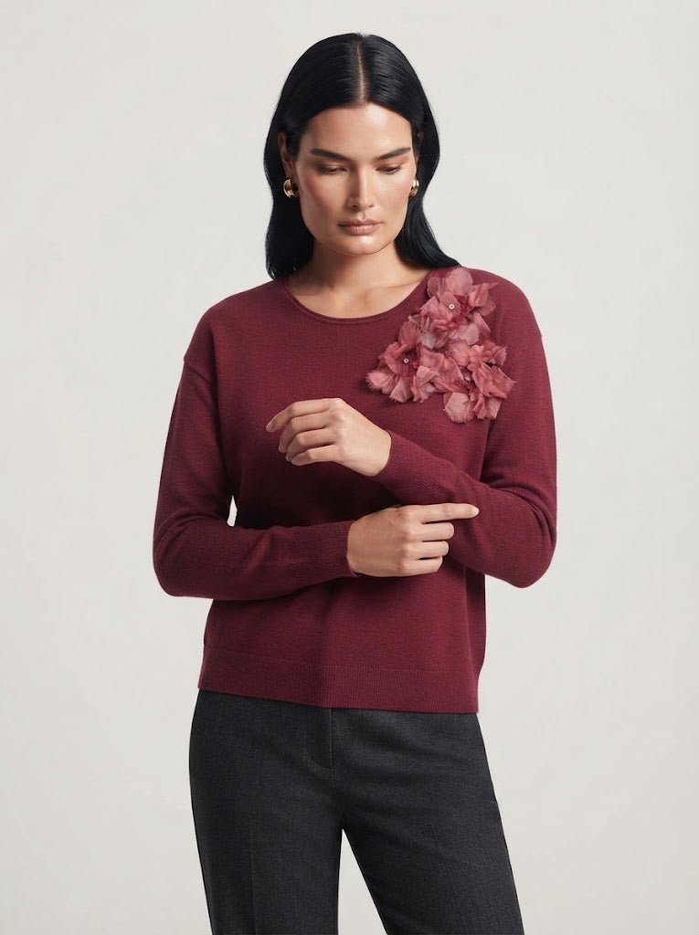 Maglia girocollo con applicazione fiori