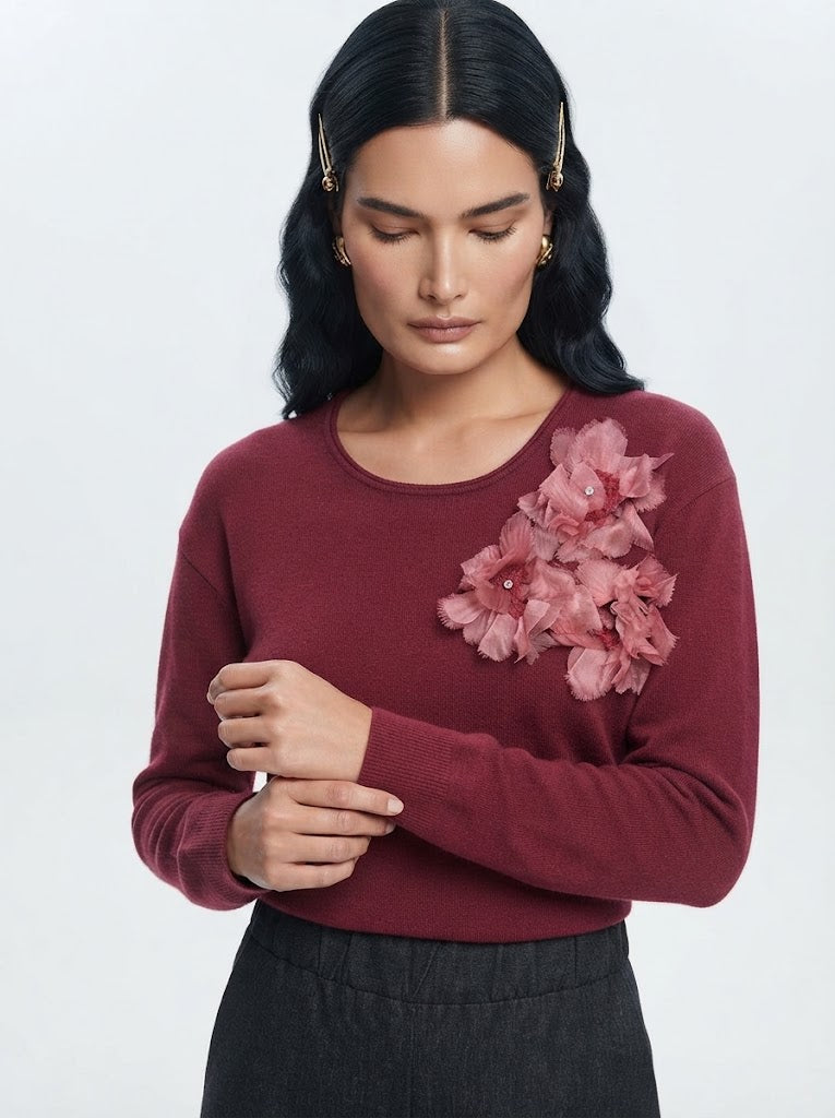 Maglia girocollo con applicazione fiori