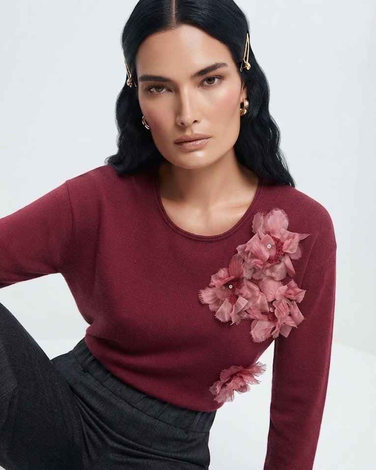 Maglia girocollo con applicazione fiori