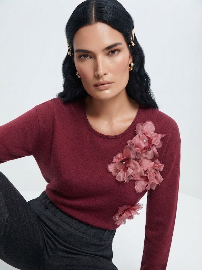 Maglia girocollo con applicazione fiori