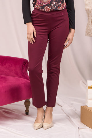 Pantaloni con vita elastica e pattina con bottone BORDEAUX