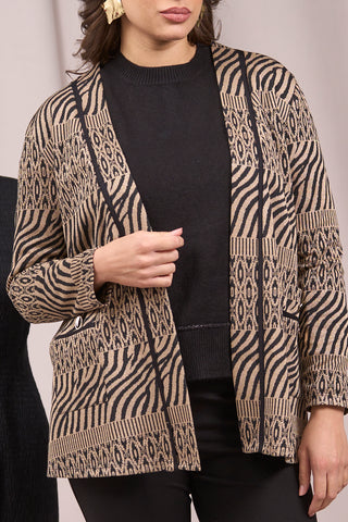 Jacquard lurex pattern cardigan with pockets GOLD-BLACK