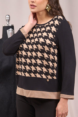 Sweater with patterned front and BLACK inserts