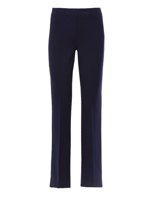 Pantalone flare blu comfy con vita elastica, perfetti per look business o glamour con tacchi alti.