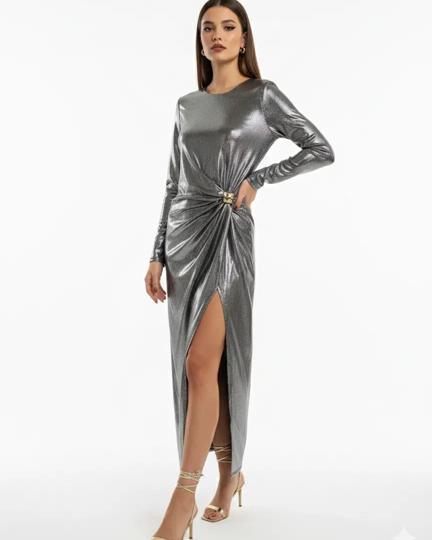 Abito Lungo Metallizzato con Drappeggio Laterale IRONICA