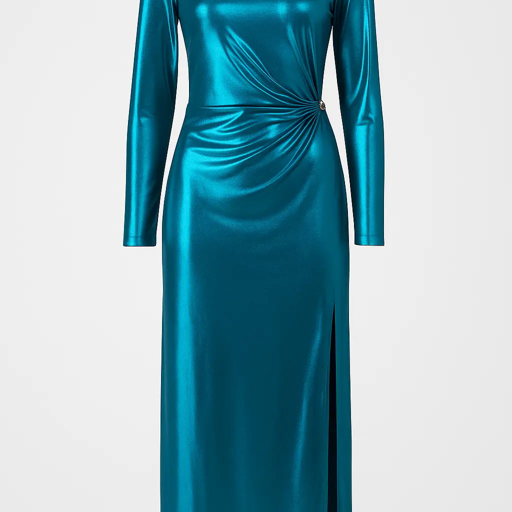 Abito Lungo Metallizzato con Drappeggio Laterale IRONICA