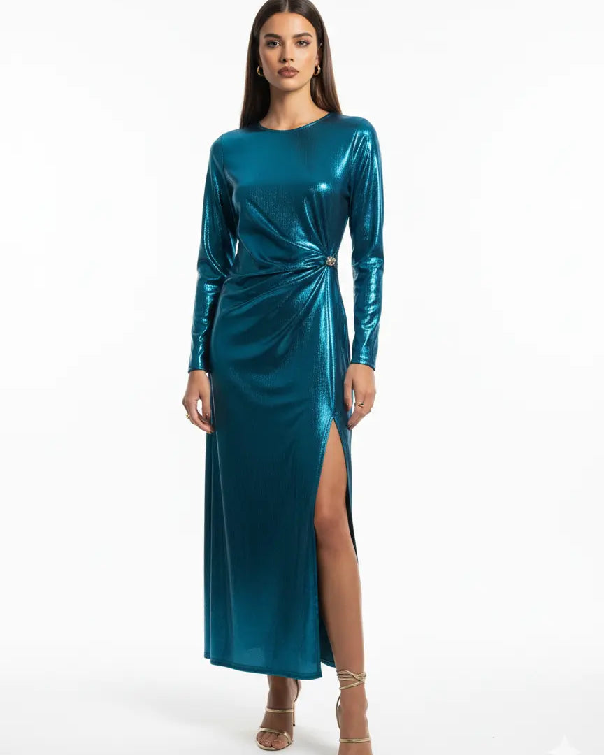Abito Lungo Metallizzato con Drappeggio Laterale IRONICA