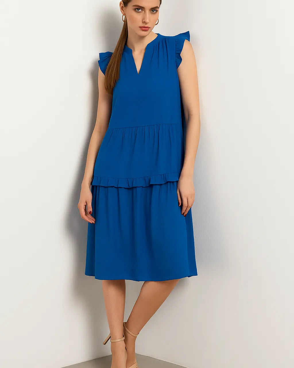 Abito a balze con scollo a V e rouches al giromanica DORABELLA