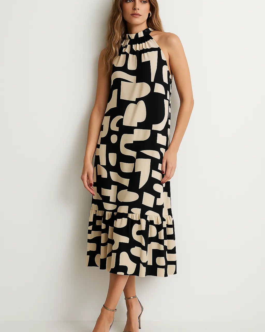 Abito a fantasia con scollo america e balza sul fondo Unica by Dorabella