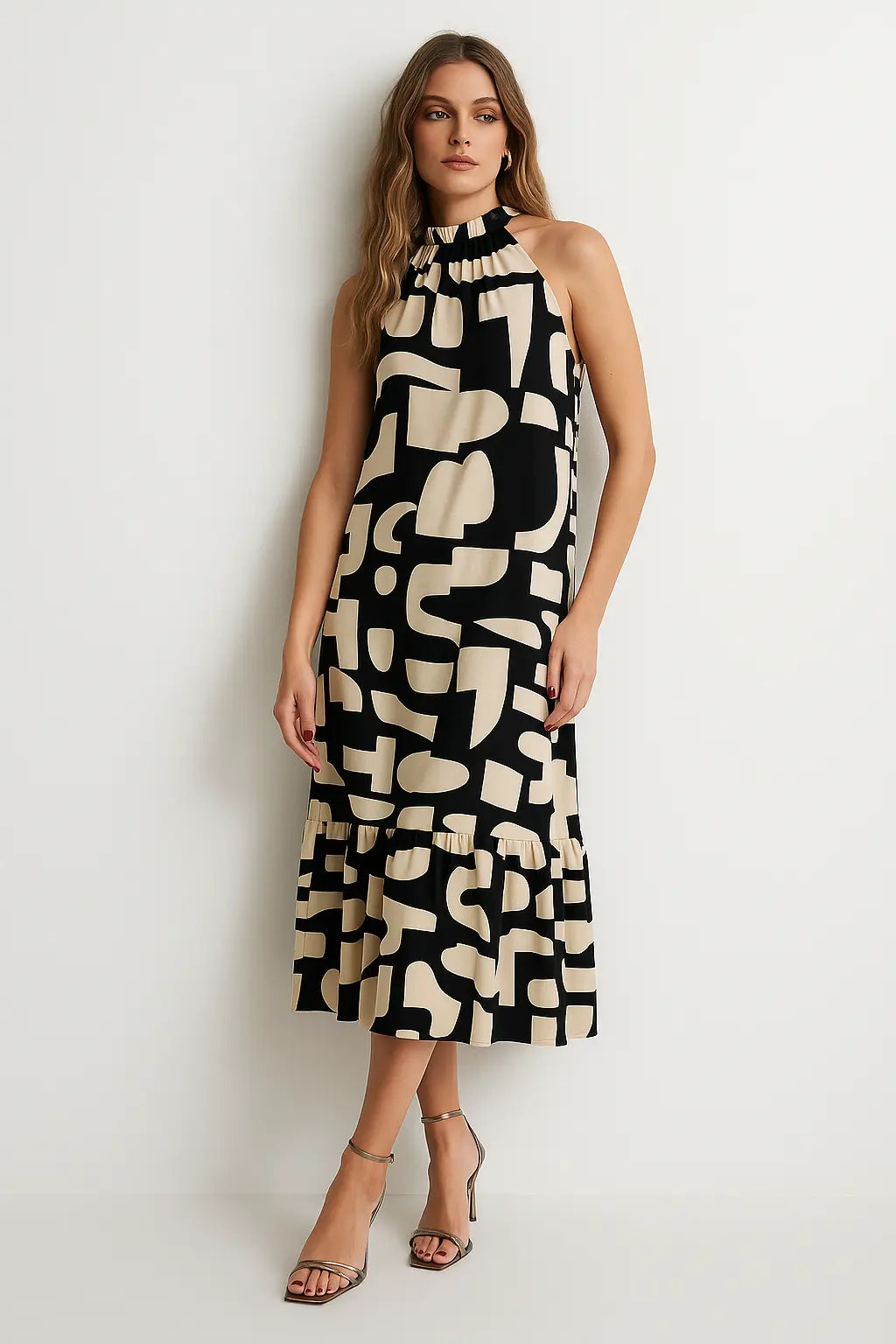 Abito a fantasia con scollo america e balza sul fondo Unica by Dorabella