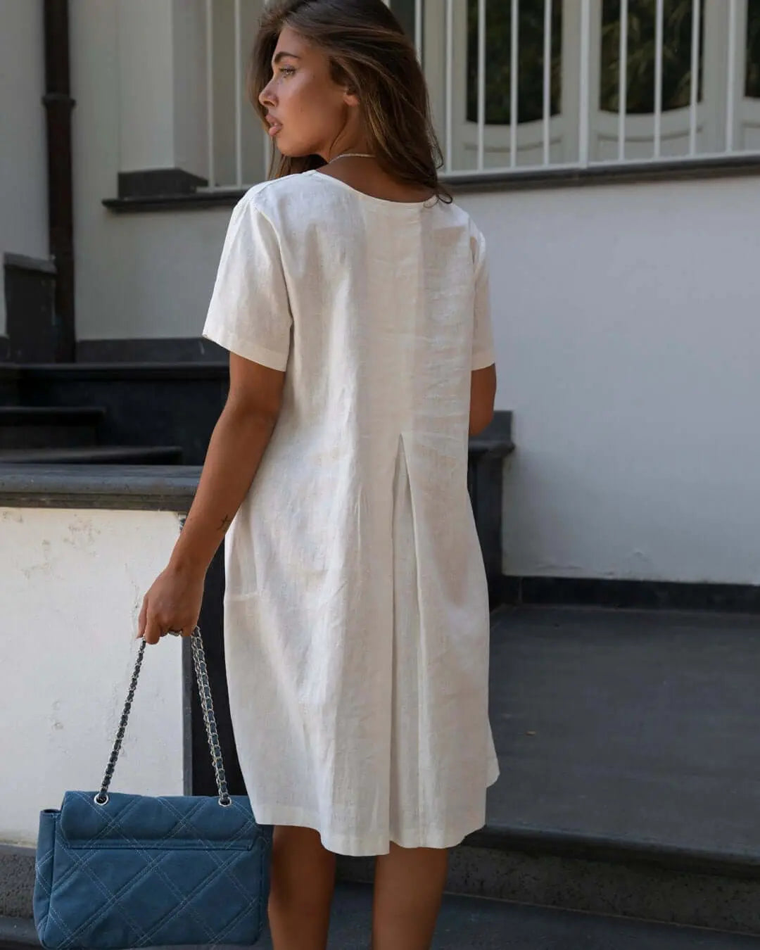 Abito a maniche corte in viscosa e lino con baciapiega e tasche BIANCO DORABELLA