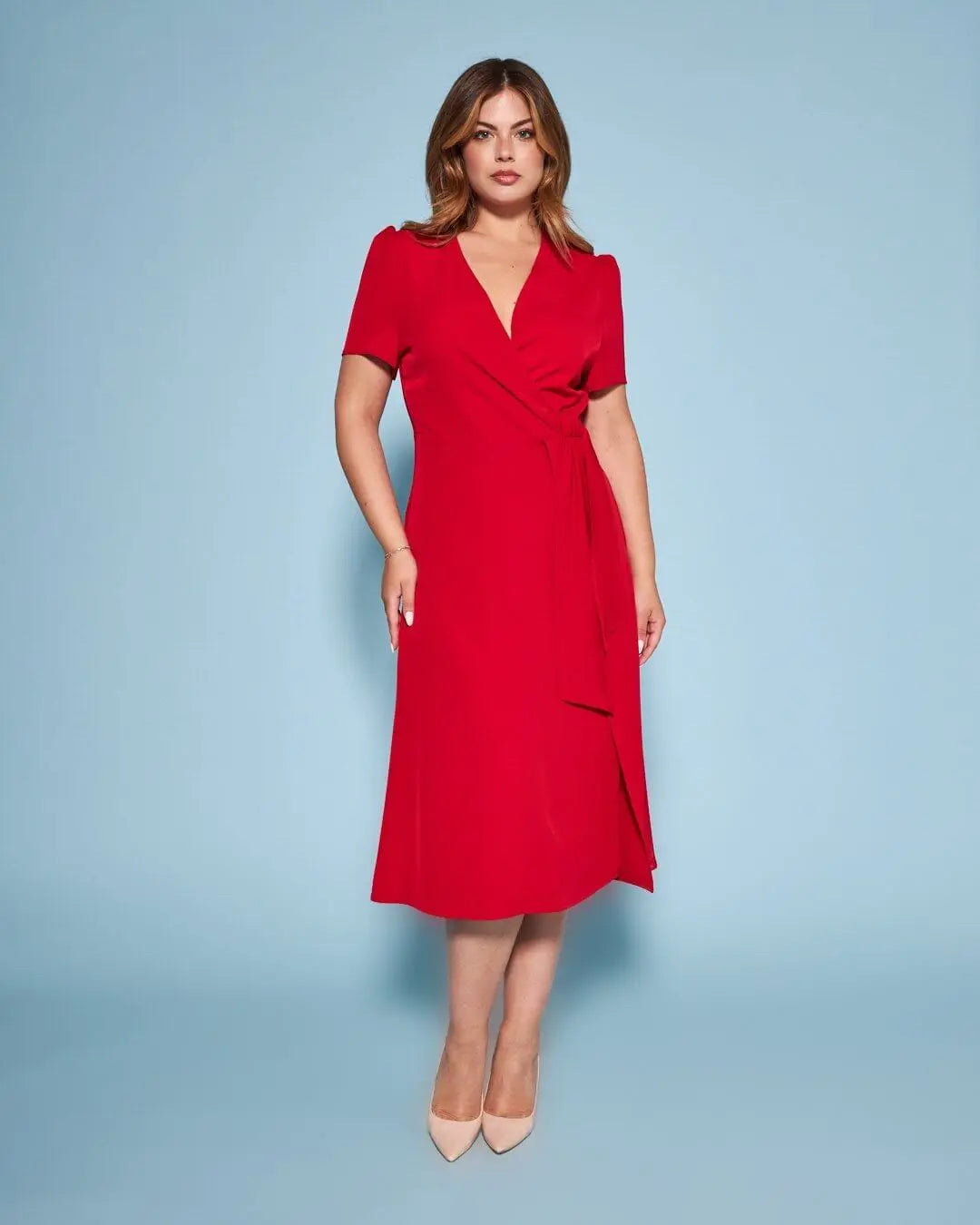 Abito a portafoglio midi in cady tinta unita con dettaglio fusciacca in vita ROSSO DORABELLA