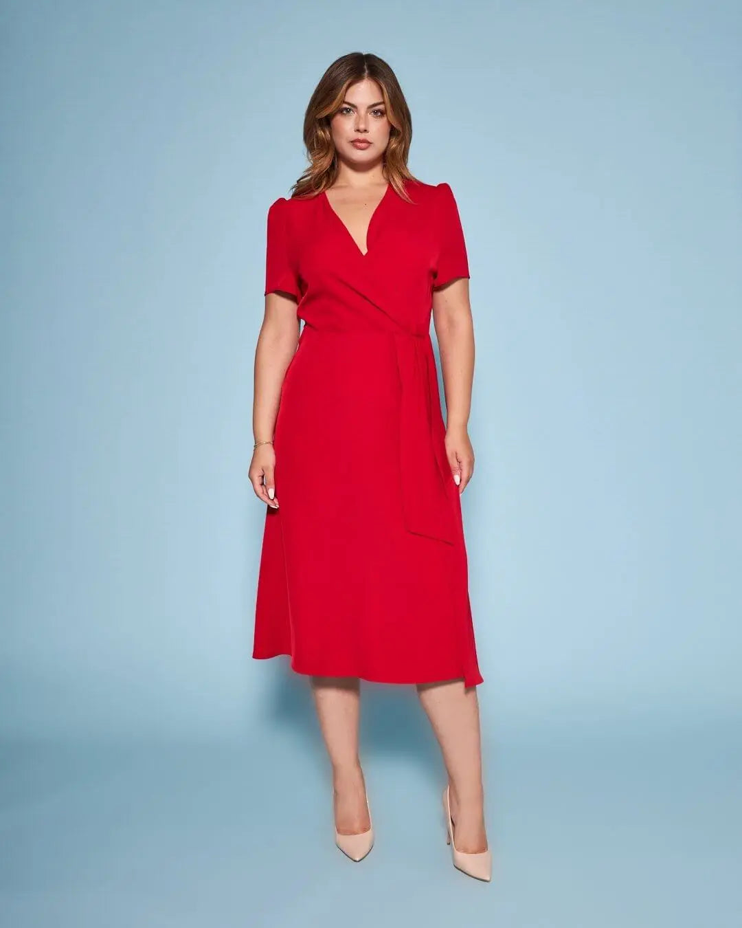 Abito a portafoglio midi in cady tinta unita con dettaglio fusciacca in vita ROSSO DORABELLA