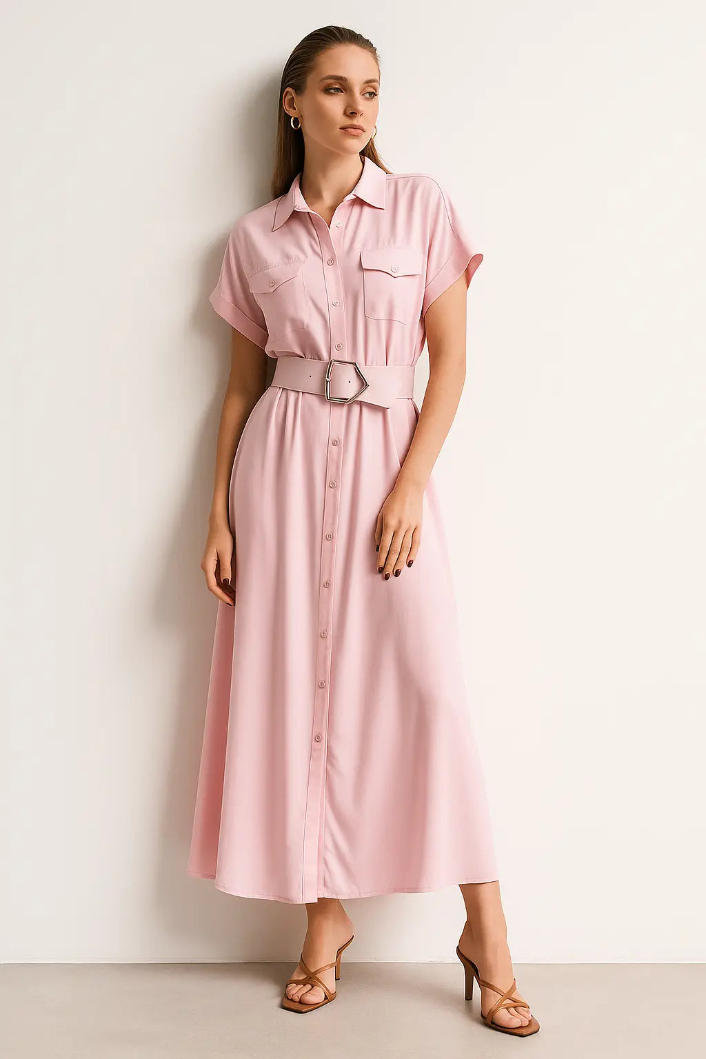 Abito chemisier lungo con cintura in vita, bottoni e pattine frontali Unica by Dorabella