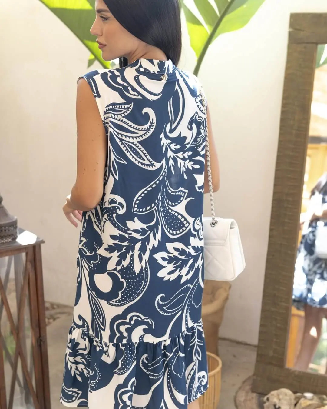 Abito con collo alla coreana in viscosa fantasia BLUE NAVY DORABELLA