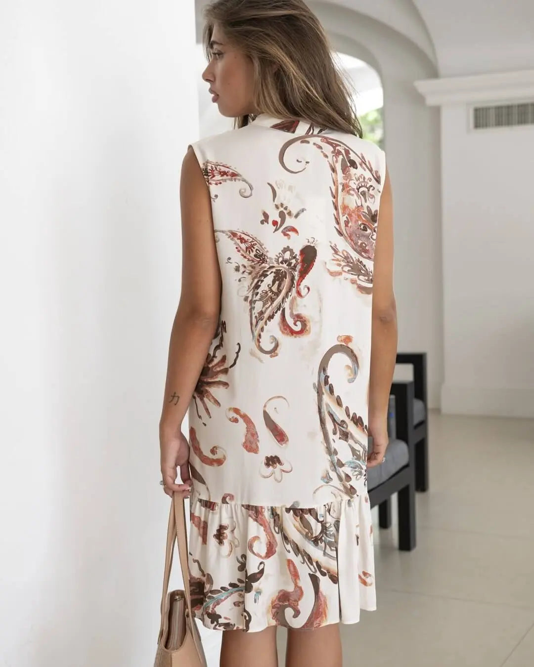 Abito con collo alla coreana in viscosa fantasia OFF WHITE DORABELLA