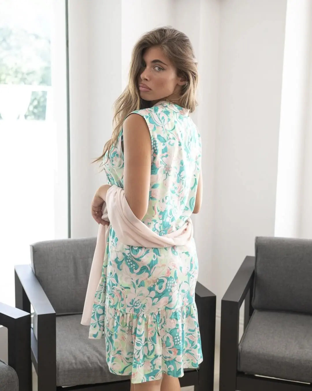 Abito con collo alla coreana in viscosa fantasia VERDE DORABELLA