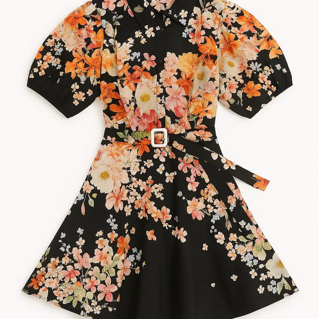 Abito con maniche a palloncino e cintura fantasia floreale Unica by Dorabella Nero-Taglia-Unica-Curvy-fino-alla-54
