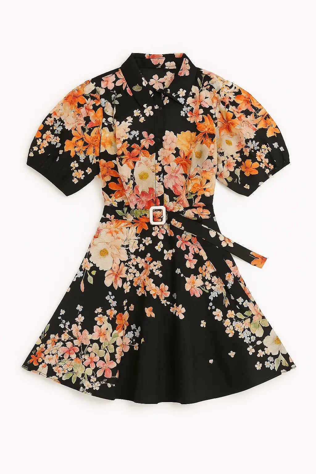 Abito con maniche a palloncino e cintura fantasia floreale Unica by Dorabella Nero-Taglia-Unica-Curvy-fino-alla-54