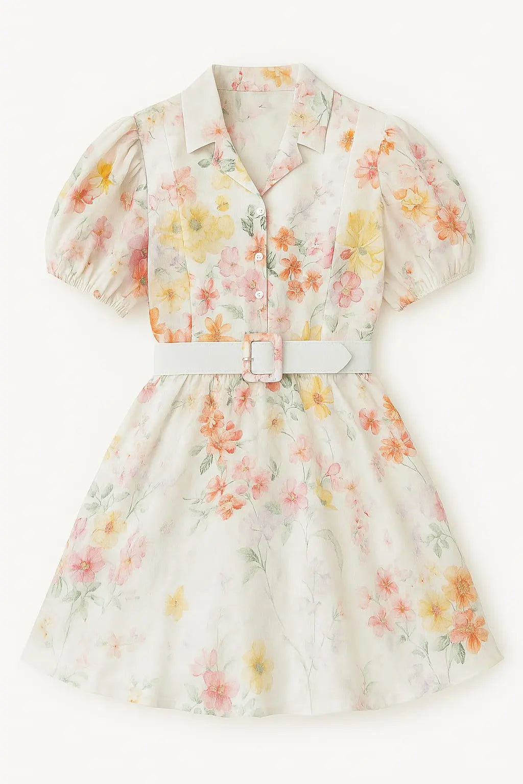 Abito con maniche a palloncino e cintura fantasia floreale Unica by Dorabella Bianco-Taglia-Unica-Curvy-fino-alla-54