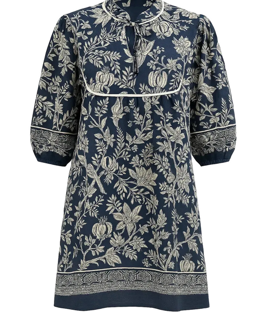 Abito con maniche a palloncino, laccetti e piping in viscosa stampata DORABELLA Deep-Blue-Navy-XXL