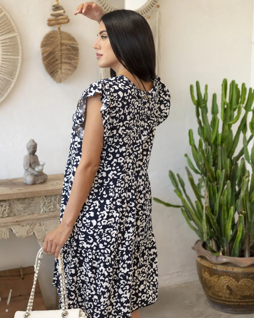 Abito con scollo a V con rouches e balze fantasia floreale BLU-BIANCO DORABELLA