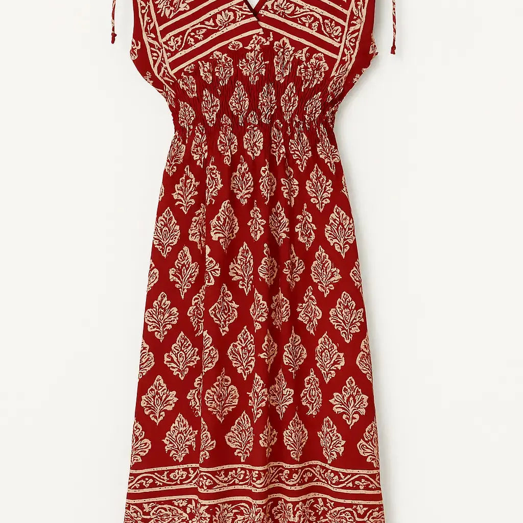 Abito con scollo a V e punto smock  in viscosa stampato rosso india DORABELLA