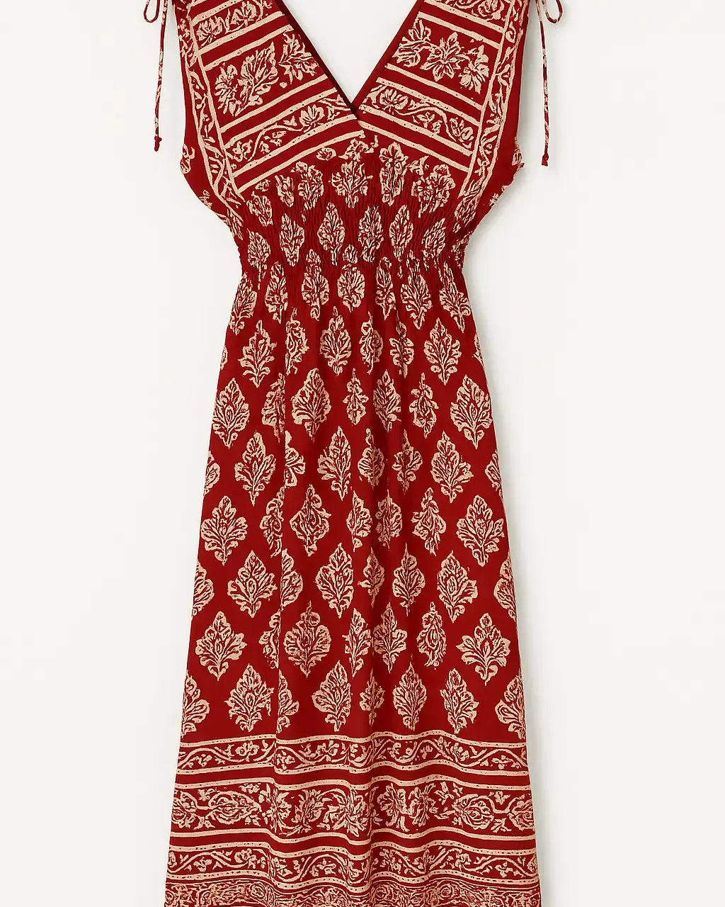 Abito con scollo a V e punto smock  in viscosa stampato rosso india DORABELLA