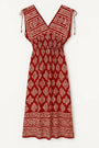 Abito con scollo a V e punto smock  in viscosa stampato rosso india DORABELLA