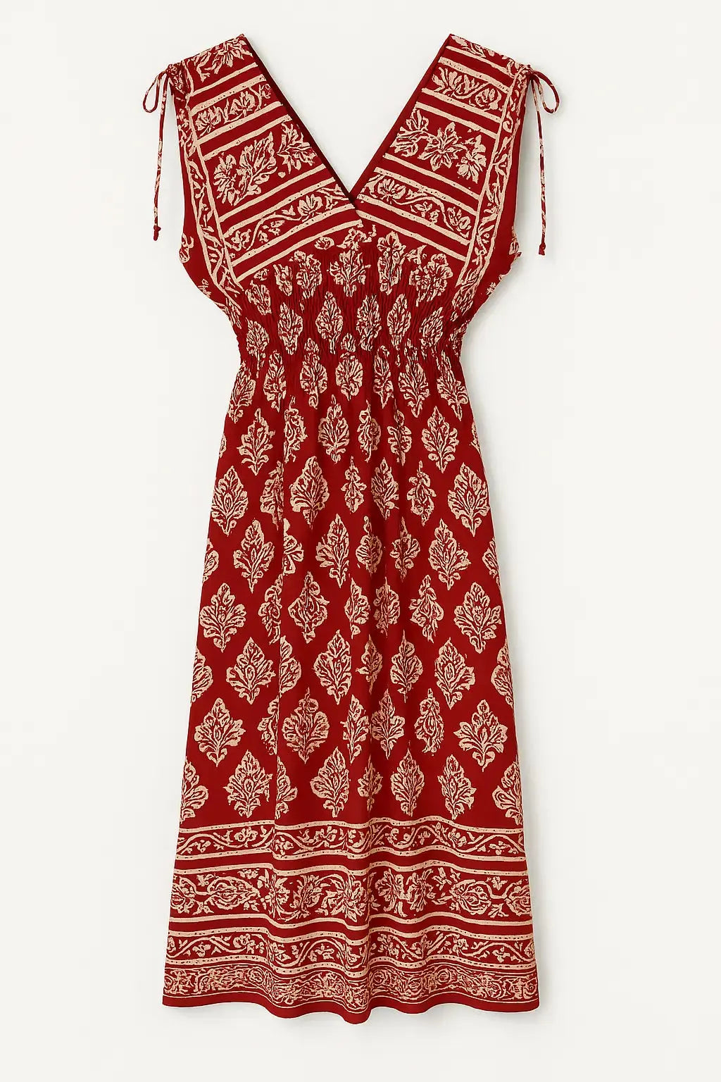 Abito con scollo a V e punto smock  in viscosa stampato rosso india DORABELLA