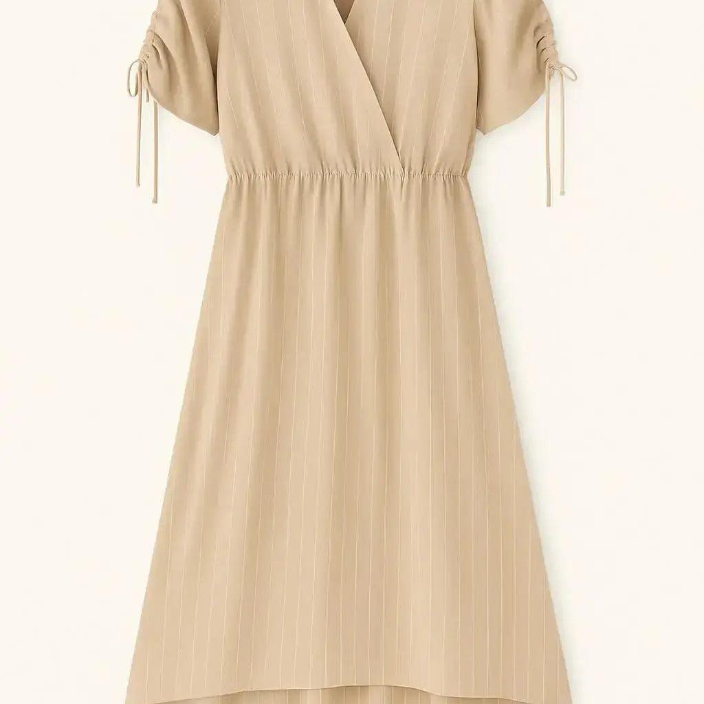 Abito con taglio in vita elastico e arriccio con coulisse sulle spalle Unica by Dorabella Beige-Taglia-Unica-Curvy-fino-alla-54