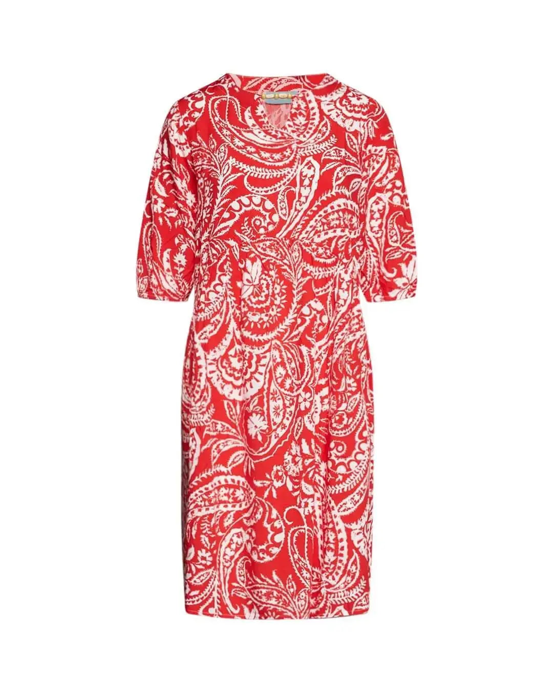 Abito corto a sacchetto in viscosa bi-colore con fantasia cashmere con dettaglio perline sullo scoll ROSSO DORABELLA