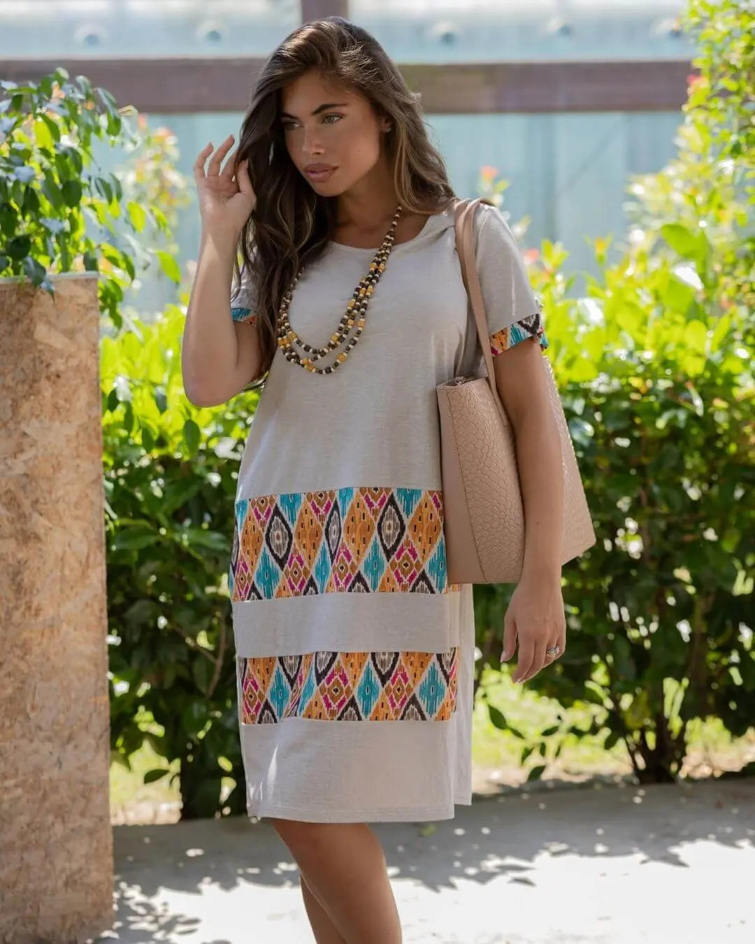 Abito dritto a maniche corte in misto viscosa con pannelli in jersey elasticizzato con fantasia mult ARANCIO DORABELLA XXL