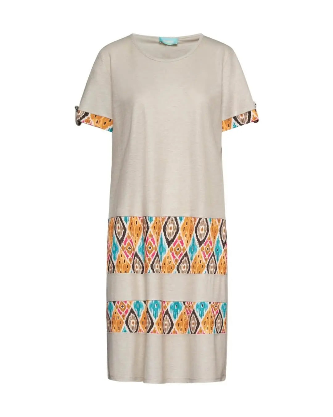 Abito dritto a maniche corte in misto viscosa con pannelli in jersey elasticizzato con fantasia mult ARANCIO DORABELLA