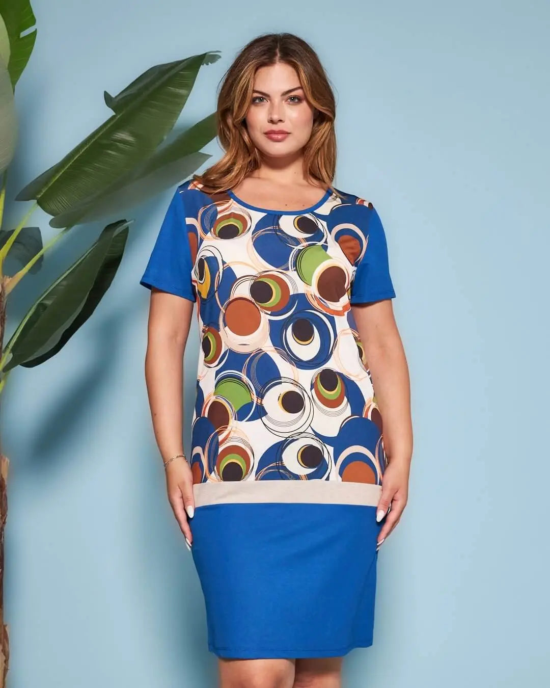 Abito dritto a maniche corte in misto viscosa con pannello in jersey elasticizzato con fantasia opti CIELO DORABELLA