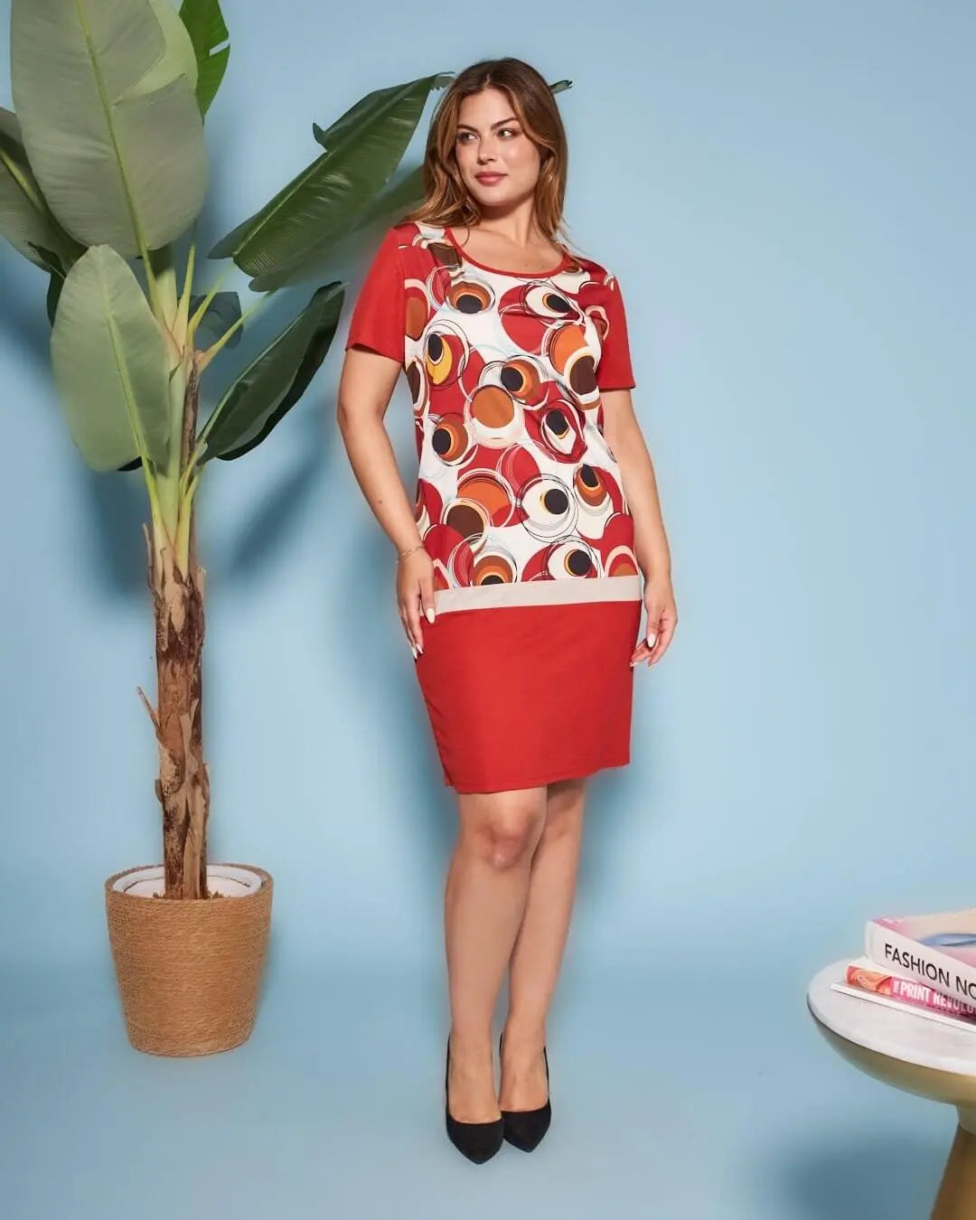 Abito dritto a maniche corte in misto viscosa con pannello in jersey elasticizzato con fantasia opti INDIA DORABELLA