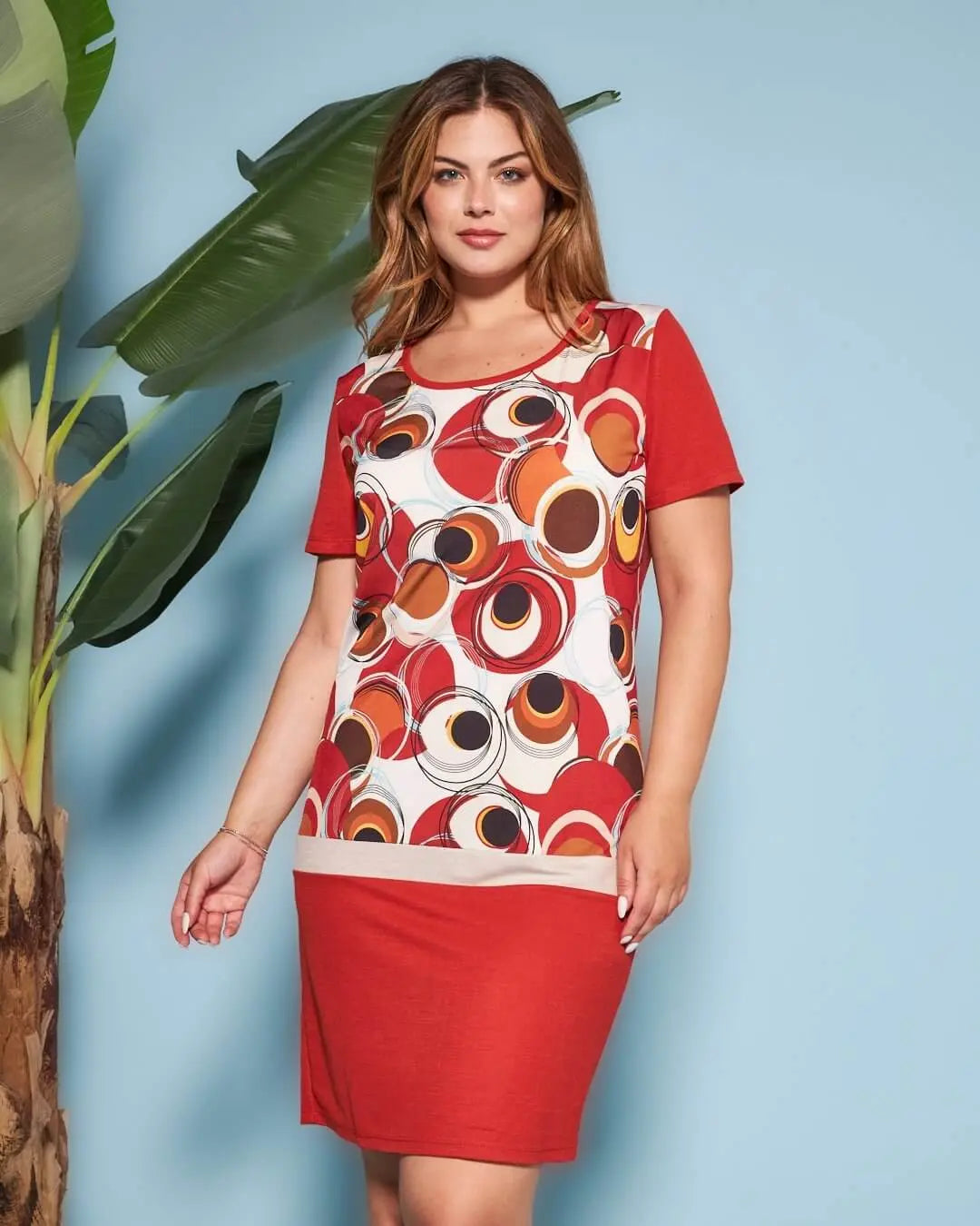 Abito dritto a maniche corte in misto viscosa con pannello in jersey elasticizzato con fantasia opti INDIA DORABELLA