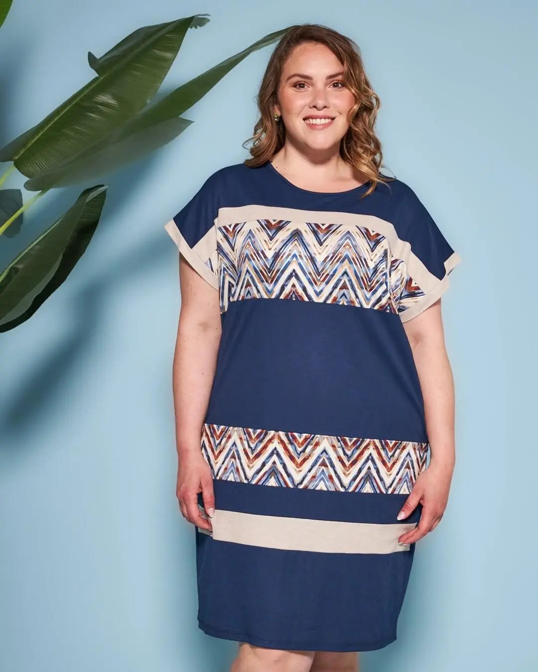 Abito dritto in misto viscosa con pannelli in jersey elasticizzato con fantasia multicolore e manich DENIM DORABELLA PIU'