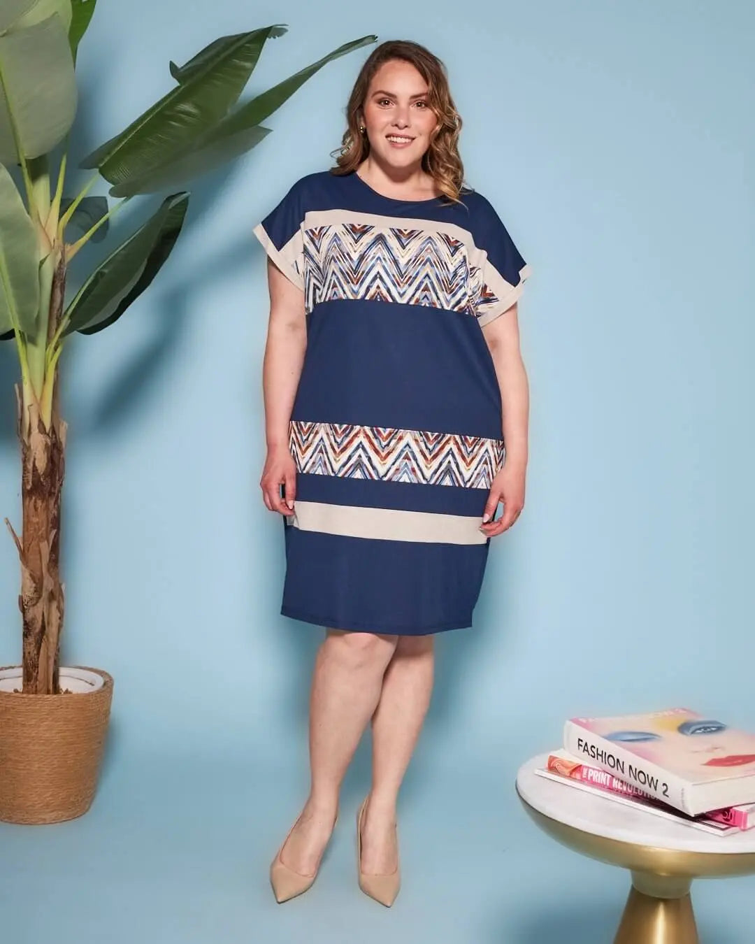 Abito dritto in misto viscosa con pannelli in jersey elasticizzato con fantasia multicolore e manich DENIM DORABELLA PIU'